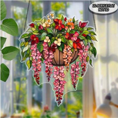 2D Flat 1-Color Sunlight Catcher, 2D Flat Acrylic Window Hanging Decor, Colorful Flowers - Pink, Red, Orange, Green - Romantic Home And Garden Decoration