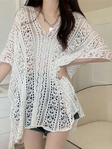 1pc New V-Neck Tie Waist Loose Boho Crochet Hollow Knit Geometric Pattern Polyester Cover Up, Summer,Beach,Holiday - Multicolor - View 2