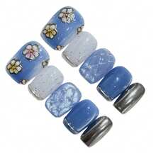 Móng tay giả kiểu retro denim, họa tiết hoa vàng, mắt mèo, 10 chiếc, làm thủ công bằng nhựa, nhẹ và thoải mái. - Màu xanh lam - Xem 8