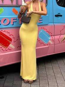 Vaiaye Women's Solid Color Fitted Deep Ruffle Backless Maxi Dress, Knitted High Stretch Minimalist Elegant European And American Style Sleeveless Long Dress, Suitable Vacation, Leisure And Daily Wear Summer - Màu vàng - Xem 9