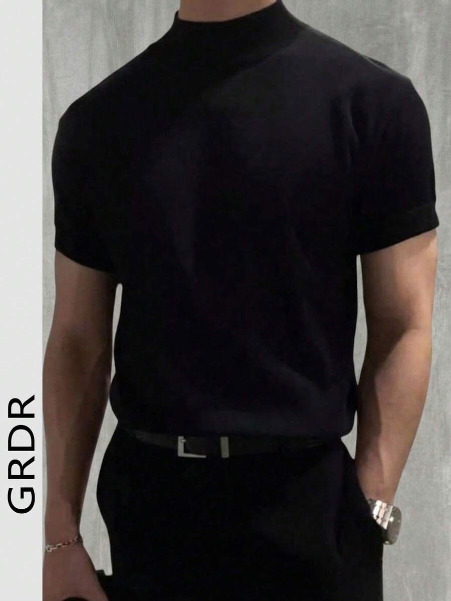 GRDR Men's Summer Solid Color Turtleneck Short Sleeve Knit Top, Fashionable Casual, Minimalist Summer Staple - Black - View 1