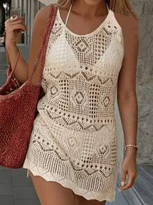 波西米亚风钩针编织薄纱迷你连衣裙，Y2K无袖针织吊带裙，沙滩度假及街头穿搭罩衫（不含比基尼） - 白色 - 查看 4