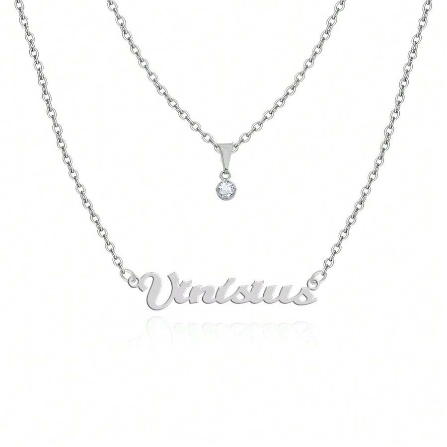 Colar Feminino corrente de nomes de masculino vinisius em aço inox prata prateada Dourado Não escurece Gargantilha Dupla - Vinisius-Duplo-Prateada - Visão 1