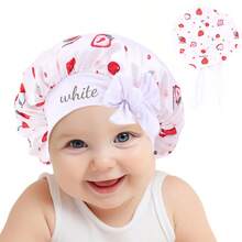 Customized Text Logo Baby Satin Sleep Cap/Bath Cap, Cute Cartoon Fruit Print, Children's Elastic Wide-Brim Round Hat, Soft & Stretchy Hair Protection, Suitable For Boys & Girls, Birthday & Daily Wear, Perfect For Sleeping, Hair Care, Bathing, Birthday Outfit, Photo Props, Home Wear - Multicolor - View 2