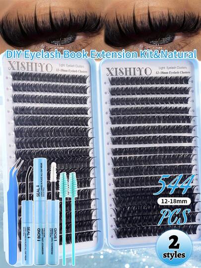 640/544pcs Eyelash Book Set, Cat Eye Cartoon C-Curl Cluster False Eyelashes With Eyelash Glue, Brush, Tweezers, Soft & Reusable Fake Lashes For Daily Wear, Party & Holiday, Great Gift For Women