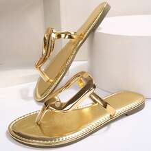 Sandals Flats Slides For Women Round Toe Buckle Decorated Dressy Flip Flops Thong Slide Slippers Summer Casual Beach Shoes - 金色 - 查看 2