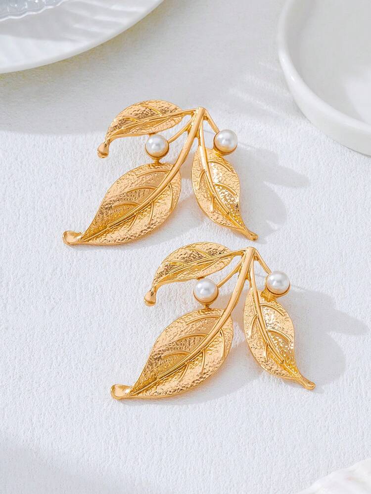 1 Pair Fashionable Retro Geometric Leaf Dangle Earrings, Suitable For Daily Wear And Festivals - Yellow Gold - View 2