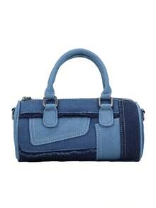 Y2K Patchwork Denim Barrel Bag Women's Frayed Raw Hem Cylinder Purse Retro Streetwear Top Handle Casual Crossbody Handbag Festival - Màu xanh lam - Xem 11