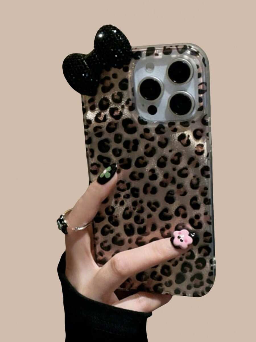 Ốp lưng điện thoại thời trang đính đá 3D hình nơ và họa tiết da báo, tương thích với Apple 17 Pro Max, 17 Pro, 17 Air, 17, 16, 15, 14, 13, 12 Pro Max, 11, ốp lưng chống sốc phong cách. - nơ kim cương đen - Xem 1