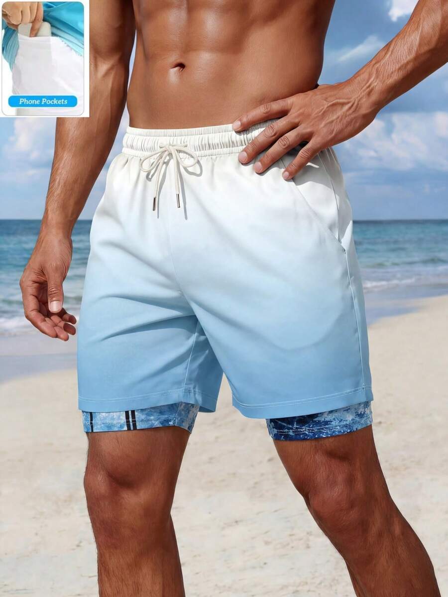 Quần short đi biển hai lớp in hình cây cọ, nhiều túi, kiểu dáng nghỉ dưỡng dành cho nam, tiện dụng và đa năng. - Nhiều màu - Xem 1