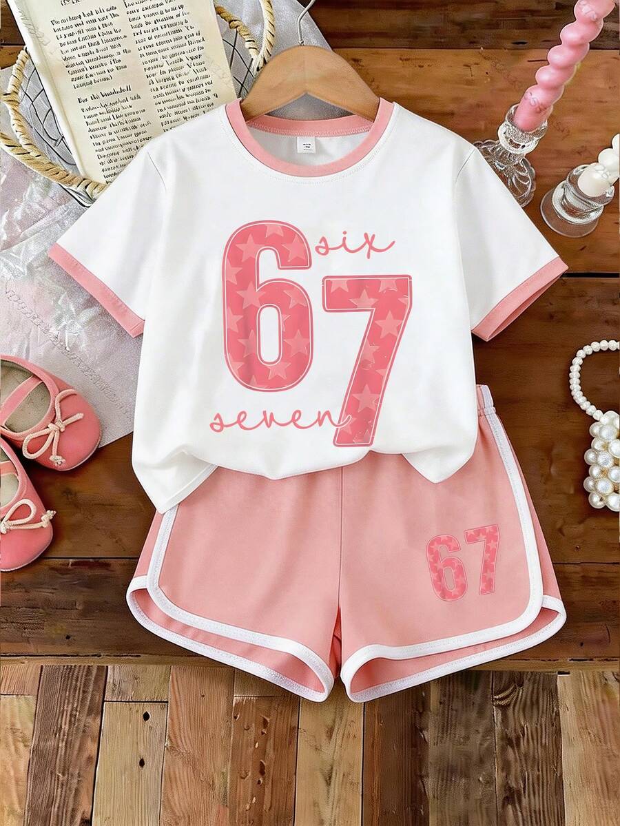 2 peças/Conjunto Camiseta de Manga Curta com Recorte Colorido + Shorts para Meninas, Estampa de 67 Estrelas, Solto e Respirável, Moda e Fofo, Conjunto Versátil de Verão - Multicolorido - Visão 1