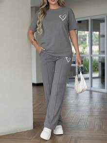 Women's New Spring/Summer Round Neck Short Sleeve Heart Print T-Shirt And Elastic Waist Loose Pants 2-Piece Set Elegant - Grey - View 6