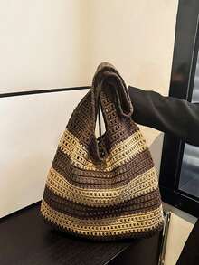波西米亚风棕色和咖啡色撞色镂空编织手提包，大容量钩针单肩包，休闲风格，适合度假、学生、妈妈、年轻女孩、时尚爱好者、周末旅行、海滩旅行和海边度假。 - 棕色 - 查看 5