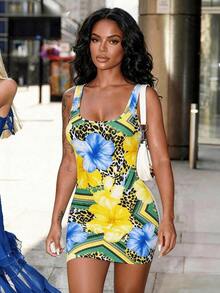 Women's Elegant Blue Floral Print Bodycon Dress, Round Neck Fitted Cut With Floral Leopard Print Details, Suitable Spring Wedding Season, Music Festivals, Parties And More - 黃色 - 查看 10