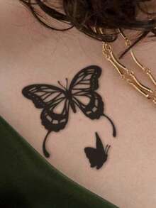 黑色蝴蝶图案 Y2K 风格防水仿真纹身贴纸，适用于手腕和身体，每包 1 张。 - 黑色 - 查看 11