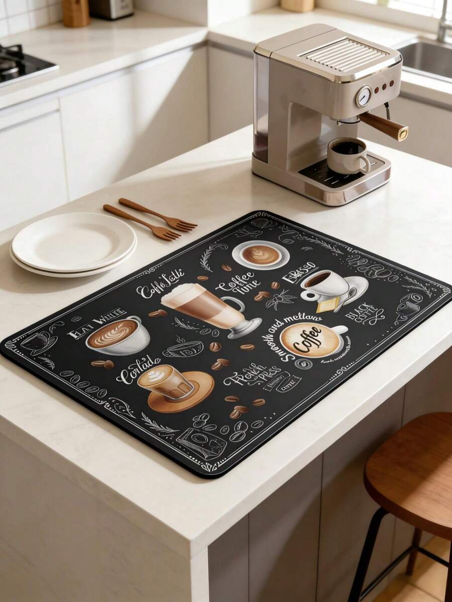 Retro Coffee Theme Bar Counter Absorbent Mat, Coffee Machine Drip Mat, Non-Slip Heat-Resistant Kitchen Countertop Placemat
