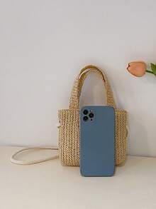 Túi đi biển bằng rơm có nơ ren dễ thương, túi đeo chéo mini có khóa kéo kiểu dáng nghỉ hè dành cho bé gái. - A - Xem 4