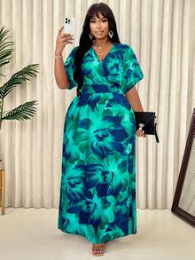 BIUBIU Plus Size Women's Blue & Green Floral V-Neck Batwing Sleeve Cinched Waist Loose A-Line Maxi Dress, Bohemian Style Casual Holiday Dress Vacation Elegant Summer - Dark Green - View 5