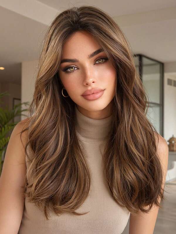 Peluca ondulada de 20 pulgadas de largo para mujeres, cabello sintético ondulado en color marrón miel ombre con flequillo y raya media, cabello falso resistente al calor con apariencia natural para uso diario, fiestas y cosplay