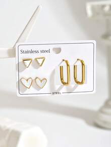 3 Pairs Stainless Steel Geometric Heart Shaped Earrings Set, Fashionable Versatile Daily Wear For Women - Multicolor - View 3