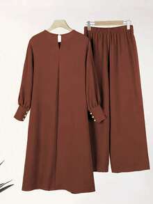 女士优雅阿拉伯风格纯色休闲端庄优雅宽松圆领灯笼袖宽松裤装春季套装 - 鏽棕色 - 查看 4