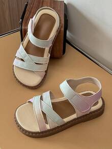 1 Pair 2026 Girls Pastel Pink Blue Gradient Cross Triple Wide Straps Hook And Loop Open Toe Flat Sandals Daily School - Multicolor - View 1