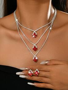 Bộ 1 dây chuyền và bông tai pha lê hình vuông cắt kiểu Emerald, dây chuyền choker mặt dây chuyền pha lê xanh lấp lánh 3 lớp, trang sức dây đồng kiểu càng cua dành cho nữ, quà tặng dự tiệc cưới. - Đỏ - Xem 1