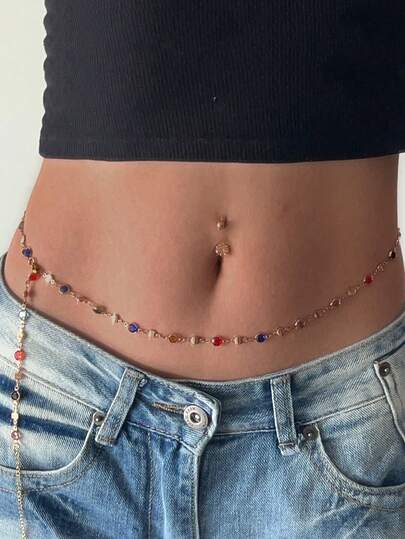 17KM 1pc Bohemian Style Colorful Beaded Body Chain, Alloy Waist Chain, Suitable For Party, Vacation, Photography, Gift, Daily Wear