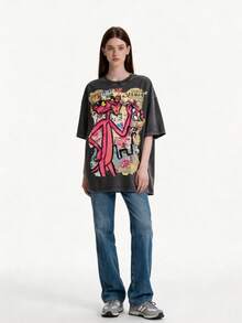 Pi Nk Pa Nt Her Retro Comic Collage Print Graphic Tees Men, Street Graffiti Vibe Graphic Tees, Skin-Friendly Pure Cotton Mens Clothes, Breathable Loose Silhouette Casual Versatile T-Shirt - 黑色 - 查看 5