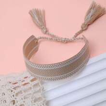 1pc Handmade Vintage Minimalist Boho Style Woven Bracelet, Suitable As Gift For Family, Friends, Students, Festivals, Parties, Traveling - Khaki - View 5