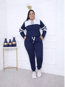 Conjunto  Feminino Bicolor de malha crepe  com Capuz e bolso frontal – Look Confortável e Estiloso - Azul Marinho - Visão 1