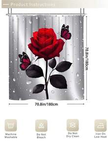 1/3/4 件套银灰色红玫瑰蝴蝶水滴印花图案浴室浴帘套装;浪漫轻奢风格,防水耐磨;包含 12 个挂钩,并附赠马桶盖 - 多色 - 查看 11
