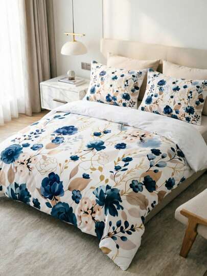3pcs Boho Watercolor Blue Floral Print Duvet Cover Set,Pillow Pattern Is Random Duvet Cover Set (1 Duvet Cover + 1/2 Pillowcase Without Pillow Insert), Bedding Set, Soft Warm And Cozy Bedding Set For Bedroom, Guest Room, Dormitory Decoration