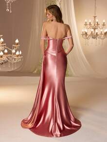 夏季华丽串珠露肩修身长款连衣裙，侧边垂褶设计，高开衩，适合伴娘、派对和婚礼季穿着 - 粉色 - 查看 4