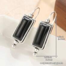 Black Rectangular Synthetic Gemstone Drop Earrings, Retro Style Silver Plated Jewelry Gift For Women - Black - View 6