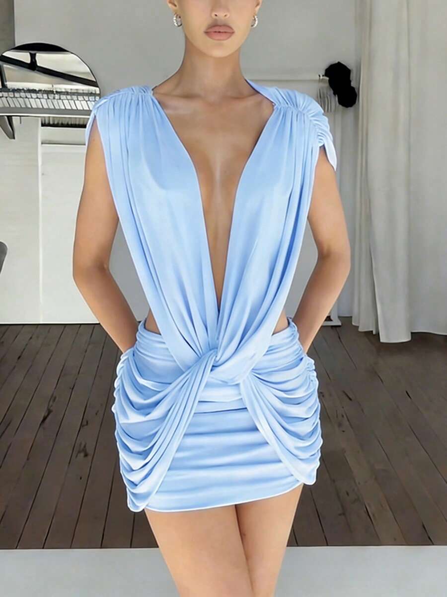 Đầm ôm sát cổ khoét sâu màu xanh dương xếp ly của DOUCIU, trang phục dự tiệc gợi cảm. - Màu xanh lam - Xem 1