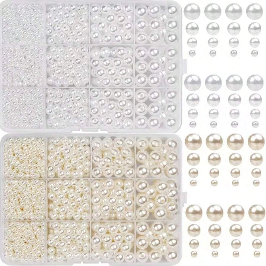1300颗带孔白色树脂珠 - 白色DIY串珠材料(4/6/8/10毫米),适用于珠宝制作、项链、手链、钥匙扣配件 - 手工扭曲珍珠 - 12格穿孔珍珠 - 查看 1