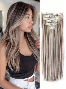 18-32 Inch Clip-In Hair Extensions 7pcs Set Black & Gold With Lowlights, Synthetic Fiber, Suitable For Women And Girls For Party And Daily Use - 彩色 - 查看 22