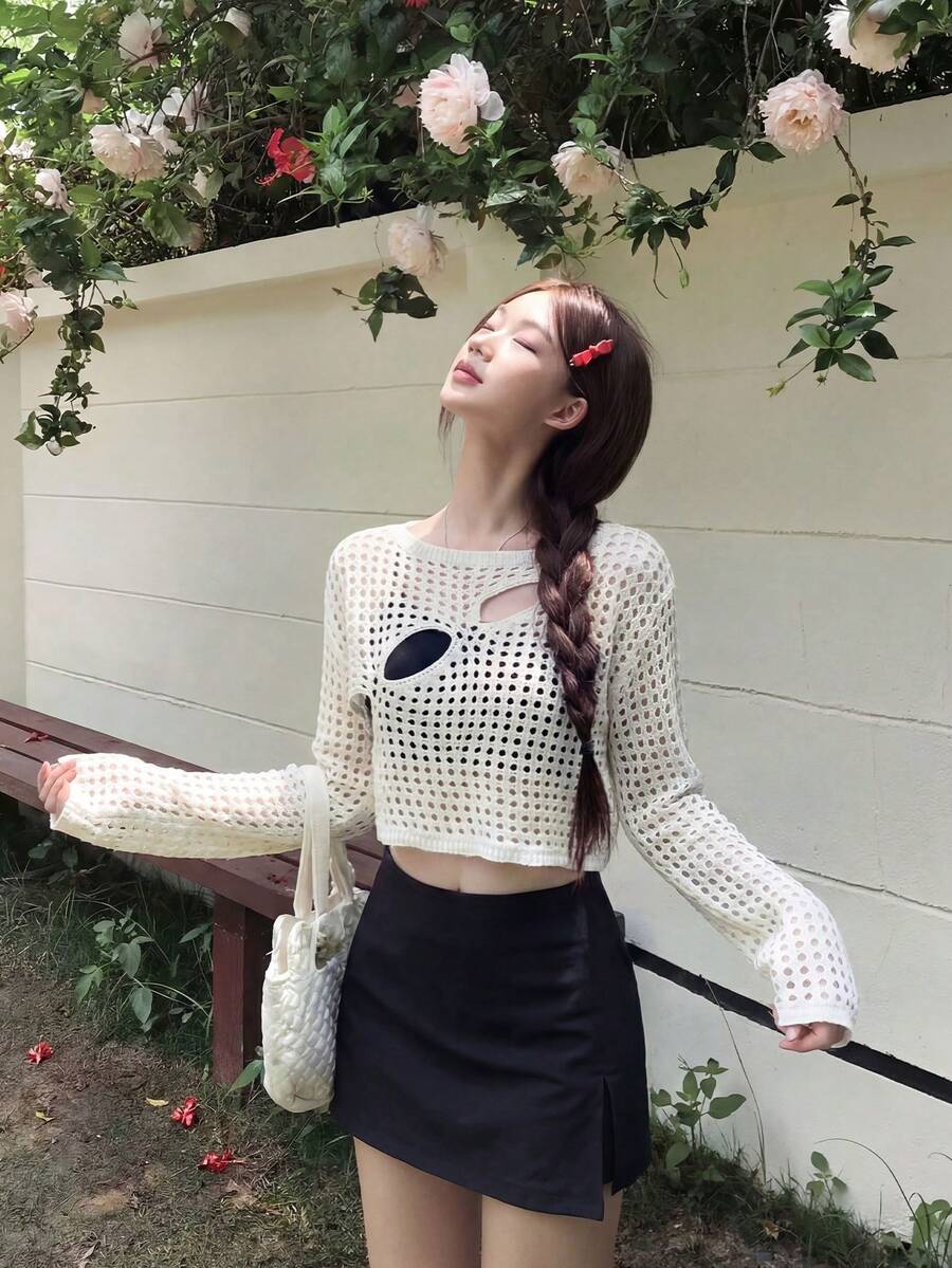 Atmospheric Sheer Hollow-Out Knit Sweater, Loose Fit Slimming Long Sleeve Blouse, Gentle & Fashionable Outerwear Spring - Apricot - View 1