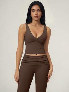 TimeOff 1 Set Women's Solid Color V-Neck Backless Removable Padded Camisole And Flared Leg Pants Sports Suit - Brown - View 10