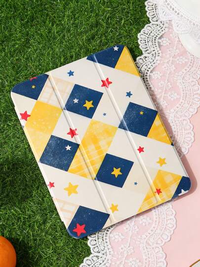 1 件装蓝黄星形格纹图案彩绘平板电脑保护套，兼容 iPad Mini 4/5/6/7、Air、9.7/10.2/10.5、Air 4/5、Pro 11 英寸（第十代）、Air 第八代（11 英寸）、Galaxy Tab A8 10.5 英寸（2022 款）。包含笔槽、三折支架、TPU 软边保护、磁吸式睡眠/唤醒功能，简约/创意/趣味/个性化设计。