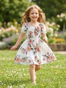 Vestido casual de cambio de manga corta con estampado floral para niñas jóvenes de verano - Blanco - Ver 6