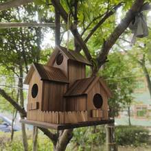 Three-Chamber Hanging Bird House, Natural Wooden Bird Nest With Clear Wood Grain, Outdoor Weatherproof Bird Shelter, Ideal For Garden Patio Backyard Birding & Nature Decoration - 1 cái - Xem 1