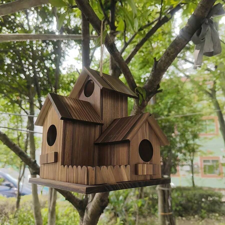 Three-Chamber Hanging Bird House, Natural Wooden Bird Nest With Clear Wood Grain, Outdoor Weatherproof Bird Shelter, Ideal For Garden Patio Backyard Birding & Nature Decoration - 1 cái - Xem 1