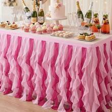 72.8 Inch (185cm) X 29.9 Inch (76cm) Ombre Pink Chiffon Table Skirt, Ruffled Rectangular Tablecloth For Baby Shower, Wedding, Birthday Party, Bridal Shower Decoration - Rose Red - View 6