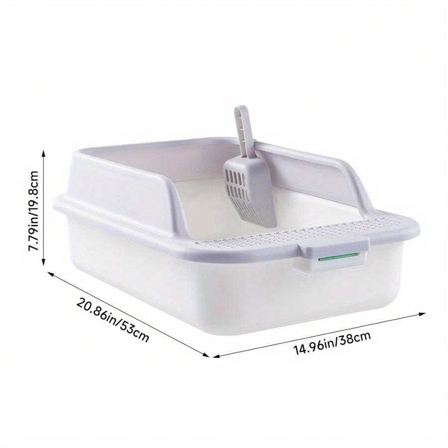 Durable Cat Litter Box With High Wall Design Semi-Enclosed Structure Included Scoop Small Medium Large Cats Rabbits - Grey - View 1