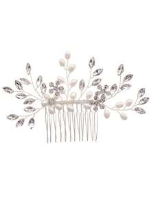 1pc European And American Popular Pearl & Rhinestone Hair Comb, Bridal Party Wedding Dress Hairstyle Accessory - Silver - View 4