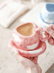 Xícara de cerâmica em formato de coração, 300ml/10,14oz, com pires, estampa de nuvens fofas. Caneca de café artesanal ideal para leite, chá, latte, cappuccino, expresso, suco e água. Perfeita para casa, cozinha, restaurante, cafeteria e escritório. Presente ideal para aniversários, Dia dos Namorados, Natal, Dia das Mães, namorada, casal e amigos. Disponível nas cores rosa e azul. - Multicolorido - Ver 12