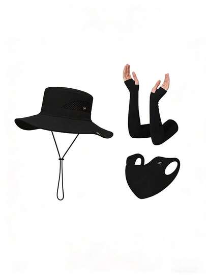 Bộ chống nắng 3 món màu đen tối giản, chuyên nghiệp, chỉ số chống nắng UPF50+, thoáng mát, chống nắng toàn thân cho sử dụng hàng ngày và ngoài trời.