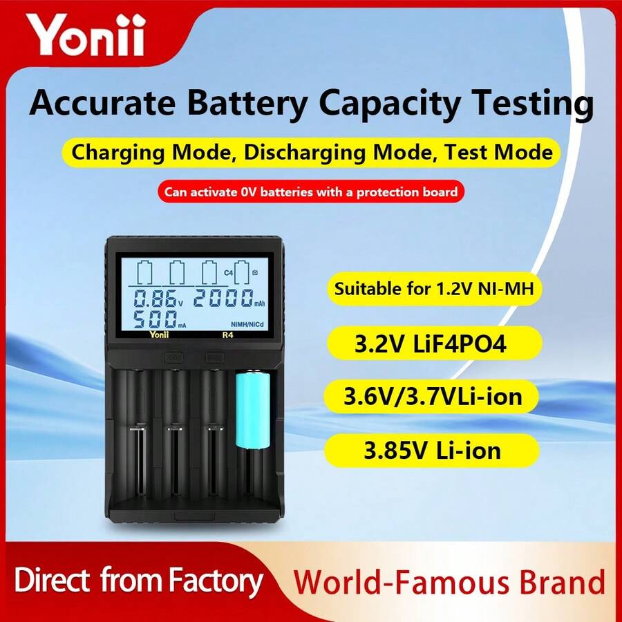 Yonii 四槽液晶显示屏电池充电器，带容量测试功能，支持 1.2V 镍氢 AA、AAA、AAAA 电池 / 3.7V 锂离子 16340/18650/21700/26700 电池 / 3.2V 磷酸铁锂电池充电，镍氢电池充电器，充电电流可调，具有反极性保护和快速充电功能。 - 美規A型插(110-127V) - 查看 1